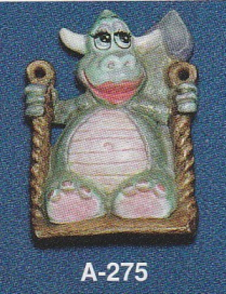 ALBERTAS–Gießform – neu – Dino auf Schaukel – Ornament – Hänger – 9,2 cm – Design auf Vorder-​ und Rückseite