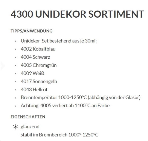 Unidekor-Farben im 6er-Set – glänzend - 200 ml – Unidekor-Farben von BOTZ - Brennbereich 1.000 bis 1.280 °C