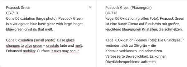 CG-713 – Peacock Green – MAYCO Jungle Gems ® – Kristallglasur – NONTOXIC – 1.000 bis 1.045 °C - Cone 06 bis Cone 05 – 16oz = 472 ml