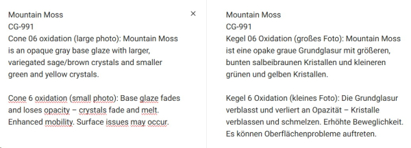 CG-991 – Mountain Moss – MAYCO Jungle Gems ® – Kristallglasur – NONTOXIC – 1.000 bis 1.045 °C - Cone 06 bis Cone 05 – 16oz = 472 ml