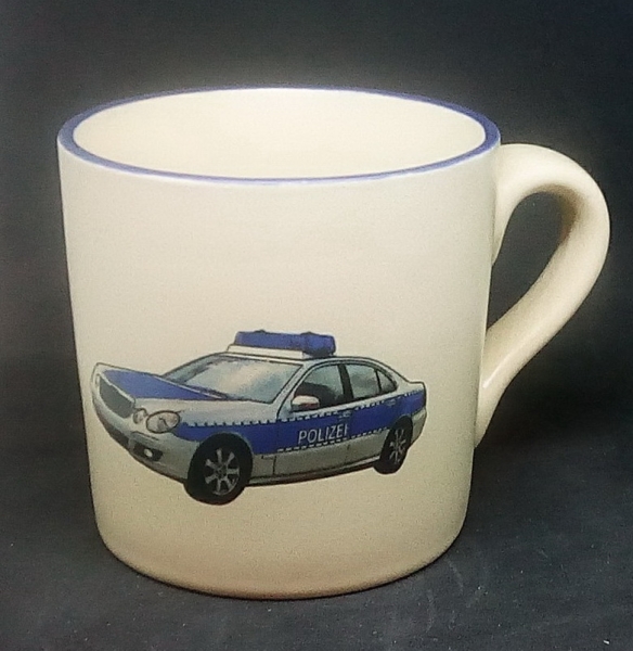 Keramik-Tasse  - Becher mit Wunschtext – Motiv: 1  x Polizeiauto