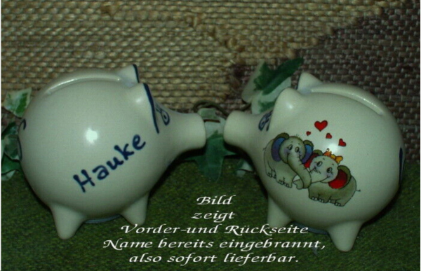 Sparschwein mit Stopfen – 10 x 8,5 x 8,5 cm – Motiv: Verliebte Elefanten – fester Name: Hauke
