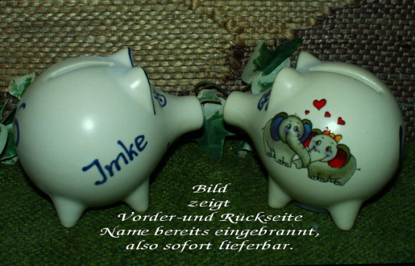 Sparschwein mit Stopfen – 10 x 8,5 x 8,5 cm – Motiv: Verliebte Elefanten – fester Name: Imke