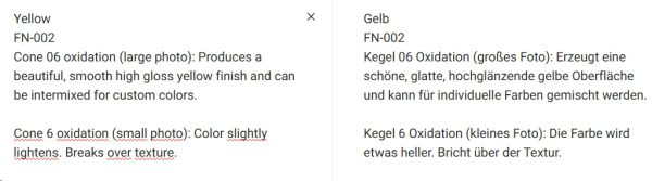 FN-002 – Yellow – MAYCO Foundations – glänzend  – NONTOXIC – FoodSafe  – 1.000 bis 1.045 °C - Cone 06 bis Cone 05 (höher siehe Fotos) – 4oz = 118 ml