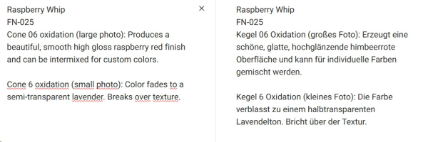 FN-025 – Raspberry Whip – MAYCO Foundations – glänzend  – NONTOXIC – FoodSafe  – 1.000 bis 1.045 °C - Cone 06 bis Cone 05 (höher siehe Fotos) – 16oz = 472 ml