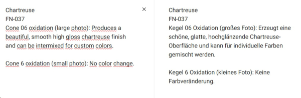 FN-037 – Chartreuse – MAYCO Foundations – glänzend  – NONTOXIC – FoodSafe  – 1.000 bis 1.045 °C - Cone 06 bis Cone 05 (höher siehe Fotos) – 4oz = 118 ml