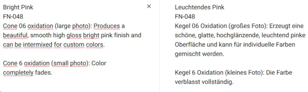 FN-048 – Bright Pink – MAYCO Foundations – glänzend  – NONTOXIC – FoodSafe  – 1.000 bis 1.045 °C - Cone 06 bis Cone 05 (höher siehe Fotos) – 4oz = 118 ml