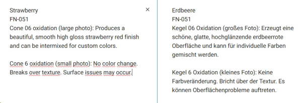 FN-051 – Strawberry – MAYCO Foundations – glänzend  – NONTOXIC – FoodSafe  – 1.000 bis 1.045 °C - Cone 06 bis Cone 05 (höher siehe Fotos) – 4oz = 118 ml