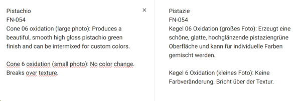 FN-054 – Pistachio – MAYCO Foundations – glänzend  – NONTOXIC – FoodSafe  – 1.000 bis 1.045 °C - Cone 06 bis Cone 05 (höher siehe Fotos) – 4oz = 118 ml