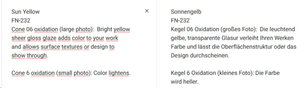 FN-232 – Sun Yellow – MAYCO Foundations – glänzend  – NONTOXIC – FoodSafe  – 1.000 bis 1.045 °C - Cone 06 bis Cone 05 (höher siehe Fotos) – 4oz = 118 ml