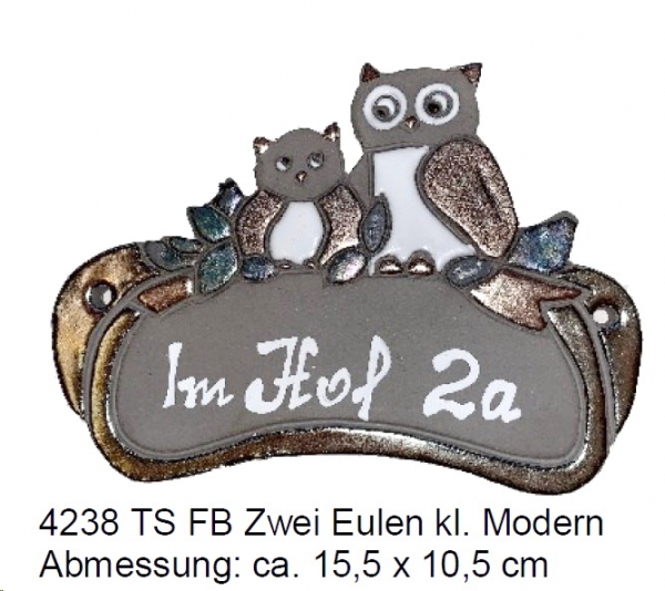 Töpfer-Türschild – Eulenpaar – zwei Eulen – klein - modern – 15,5 x 10,5 cm – Flachbild – aufwändige Handarbeit