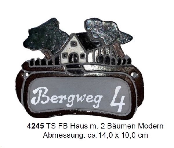 Töpfer-Türschild – Flachbild - Haus mit 2 Bäumen – 14 x 10 cm - modern – aufwändige Handarbeit