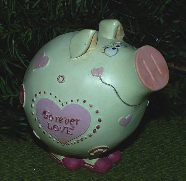 Glücksschweinchen aus Keramik – 9 cm lang - 7,5 cm hoch – Forever LOVE – pink mit Herzen und Glitzer – Handarbeit – fester Name: Steffi