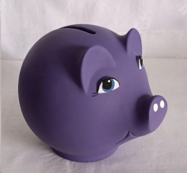 Sparschwein mit Stopfen – lila  – 13,5 x 9,5 cm lang – Handarbeit – hochwertige Keramik – Wunschname möglich
