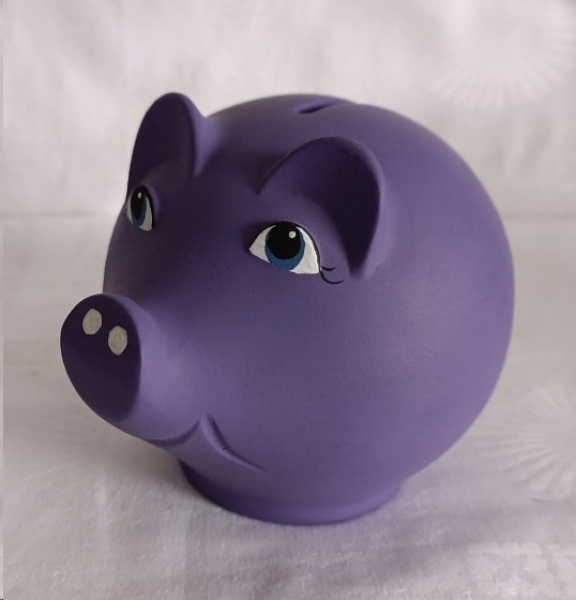 Sparschwein mit Stopfen – lila  – 13,5 x 9,5 cm lang – Handarbeit – hochwertige Keramik – Wunschname möglich