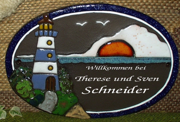 Keramik-Türschild – Leuchtturm mit Sonne - 23 x 15 cm – Schriftfeld dunkelbraun – Handarbeit