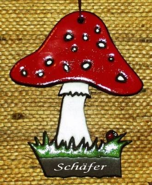 Keramik-Türschild – Fliegenpilz – 13 x 16 cm – Schriftfeld braun – Handarbeit – zum Aufhängen