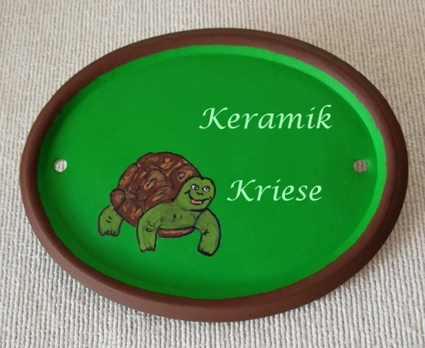 Keramik-Türschild – Schildkröte – 12 x 9,2  cm – Schriftfeld grün – Handarbeit