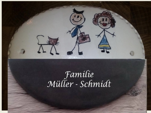 Keramik-Türschild - Strichmännchen – 13 x 10,5 cm – Farbwahl der Schriftfläche – Figuren nicht änderbar