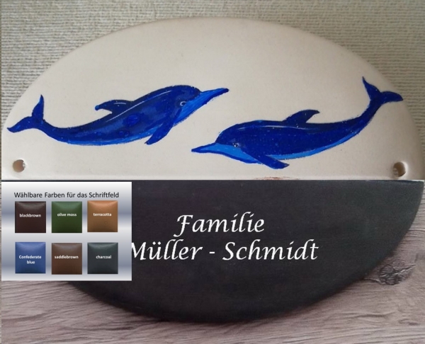 Keramik-Türschild – Delfin-Paar – Delphine – 15 x 10,2 cm – Farbauswahl für Schriftfeld – Handarbeit