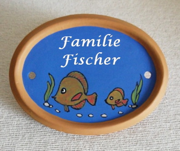 Keramik-Türschild – Fische – 12,1 x 9,2 cm – blau mit braunem Rand – Handarbeit – Unikat