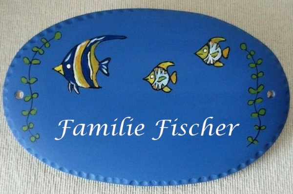 Keramik-Türschild – Fische – 18,3 x 11,2 cm – Schriftfeld blau – Handarbeit - Unikat