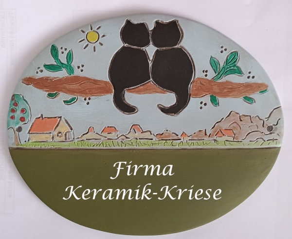 Keramik-Türschild – Katzenpaar auf Ast – ca. 22 x 18 cm – Schriftfeld olivemoss - Handarbeit