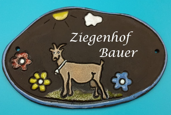 Keramik-Türschild – Ziege und Blumen – 20 x 13 cm – Schriftfeld braun – Handarbeit – Unikat