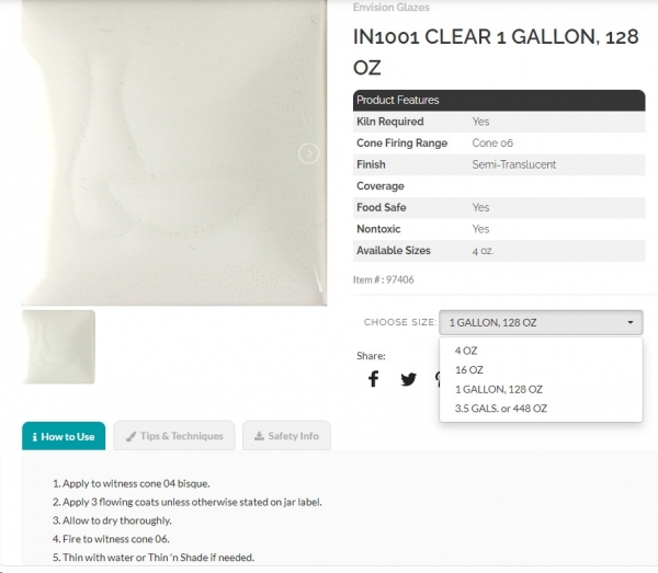 IN-1001 – Clear Transparent – Envision Glazes - Best of DUNCAN – 128 oz = 3,78 Liter - Gallone
