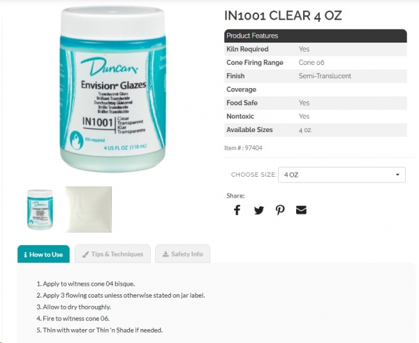 IN-1001 – Clear Transparent – Envision Glazes - Best of von DUNCAN – 4 oz = 118 ml - DISC