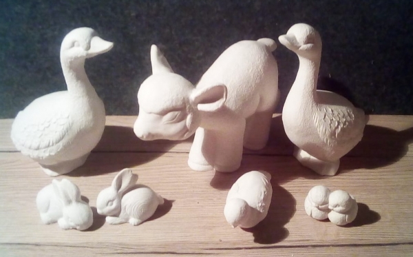 Tiere – 8er-Set - - Schaf – Gänse – Vögel – Hasen – bis 12 cm hoch - Schrühware