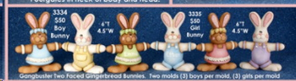 ClayMagic-Gießformen-Satz – neu – GB Gingerbread Bunny Boy and Bunny Girl (3 Hasenjungen und 3 Hasenmädchen) – two faced – je 16,4 x 11,4 cm - USA