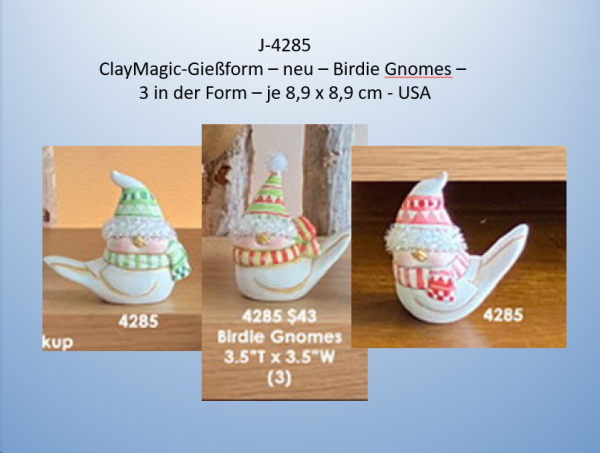 ClayMagic-Gießform - neu – Birdie Gnomes – 3 in der Form – je 8,9 x 8,9 cm - USA