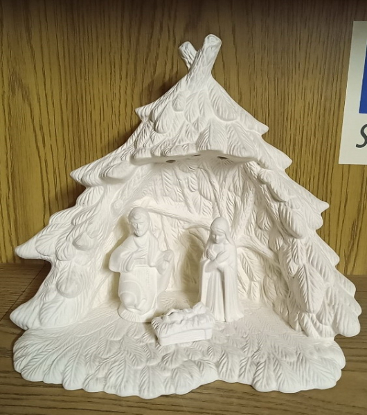 Baumkrippe mit Heiliger Familie – 27 x 23 cm – Schrühware – Restbestand – Sonderangebot