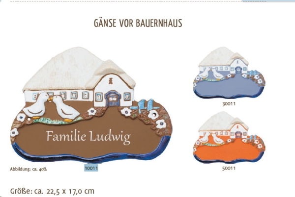 Keramik-Türschild – Lasergravur – 22,5 x 17 cm – Farb- und Schriftauswahl – Gänse vor Bauernhaus