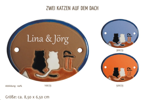 Keramik-Türschild – Lasergravur – 8,5 x 6,5 cm – Farb- und Schriftauswahl – Zwei Katzen auf Dach