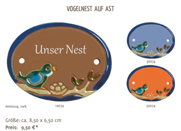 Keramik-Türschild – Lasergravur – 8,5 x 6,5 cm – Farb- und Schriftauswahl – Vogelnest auf Ast