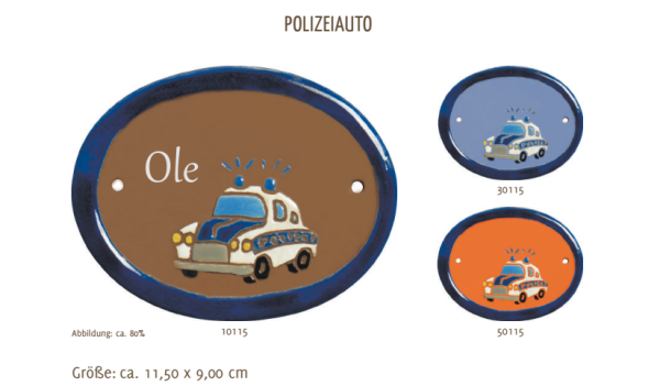 Keramik-Türschild – Lasergravur – 11,5 x 9 cm – Farb- und Schriftauswahl – Polizeiauto