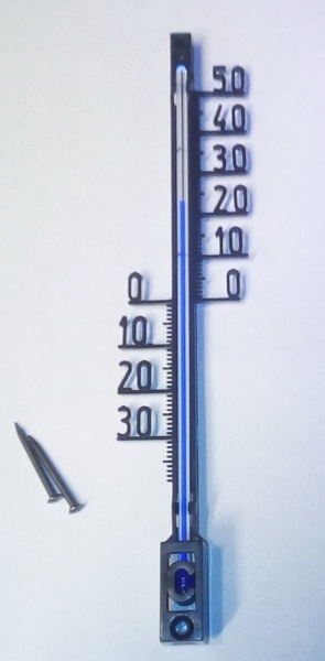 Thermometer - Kunststoff - 160 mm lang - schwarz - mit Stiftnägeln oder zum Ankleben