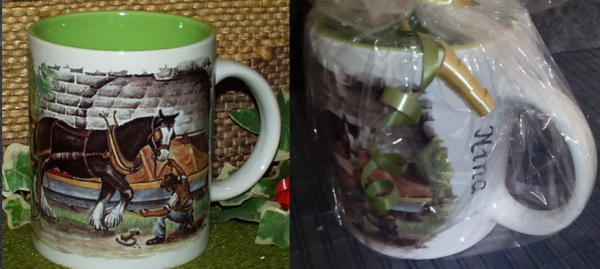 Keramik-Tasse  - Becher  - Namenstasse – Rundum-Motiv Pferd – Hufschmied – fester Name: Nina