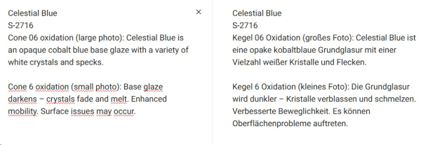 S-2716 – Celestial Blue – MAYCO Jungle Gems ® – Kristallglasur – NONTOXIC – 1.000 bis 1.045 °C - Cone 06 bis Cone 05 – 16oz = 472 ml