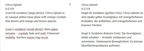 S-2729 – Citrus Splash – MAYCO Jungle Gems ® – Kristallglasur – NONTOXIC – 1.000 bis 1.045 °C - Cone 06 bis Cone 05 – 16oz = 472 ml