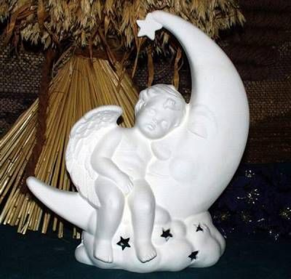 Putte im Mond – Windlicht – Sterne – 30 cm hoch – Schrühware