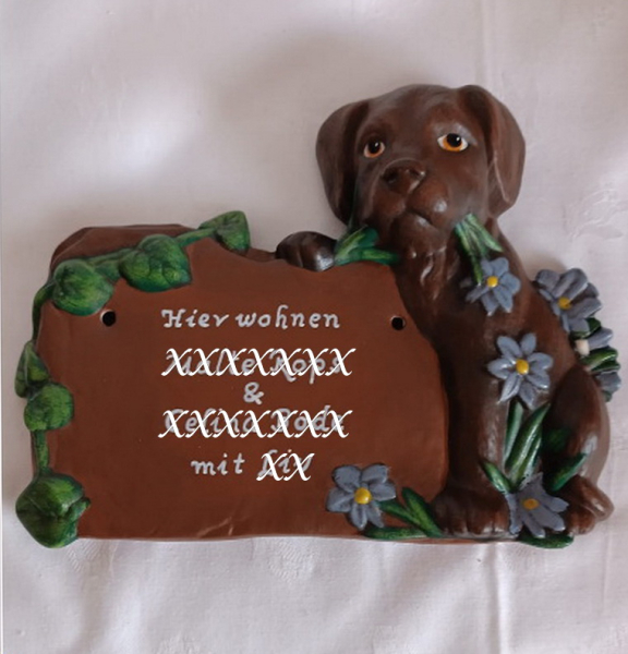 Keramik-Türschild – Hund – Welpe – brauner Labrador – 19 x 12 cm – Schriftfeld saddlebrown -  Wünsche werden gerne berücksichtigt - Handarbeit