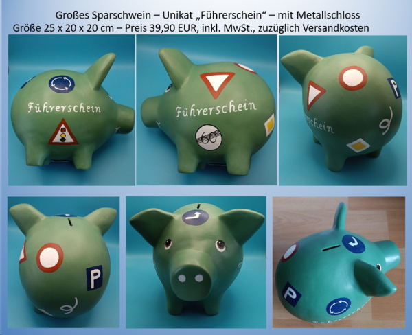 Großes Sparschwein – „Führerschein“ – mit Metallschloss – Größe 25 x 20 x 20 cm – Handarbeit aus Keramik – Unikat