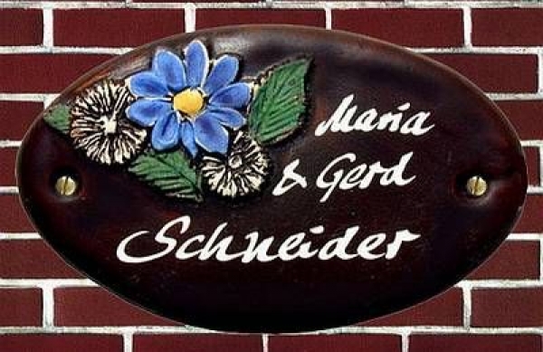 Keramik-Türschild - Blumen – braun – 14 x 8 cm