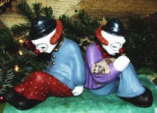 Buchstützen im 2er-Set – 2 verschiedene Clowns – je 22 cm hoch – Schrühware