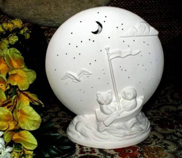 Traumlicht – Eule und Katze im Boot - zum Beleuchten – 18 cm hoch – Schrühware