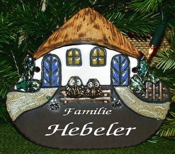 Töpfer-Türschild – Bauernhaus mit Eulenpaar - 22 x 18 cm – dunkelbraun – Handarbeit