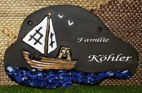 Töpfer-Türschild – Kutter – Segelboot – 18,5 x 12 cm – aufwändige, tolle Töpferarbeit – DISC